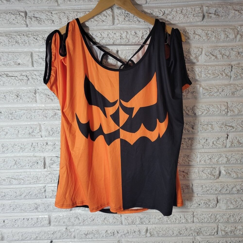 SheIn Curve Womens 1XL Plus Halloween Top Orange Cold Shoulder Boat Neck NOV37E